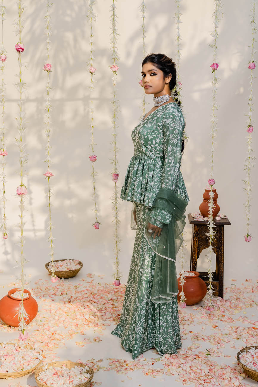 Embroidered Peplum Olive Green Sharara Dress